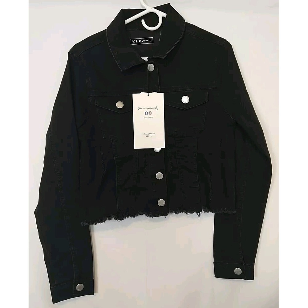 VIP Jeans Women's Black Distressed Jean Jacket Large